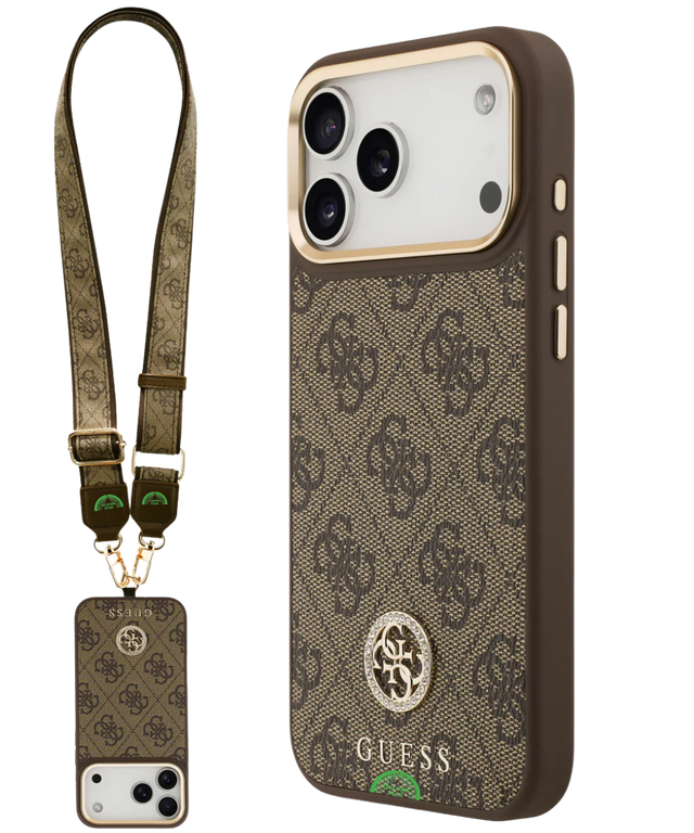 Hoesje voor iPhone 17 Pro Max Bruin Guess afneembare schouder- en polsband