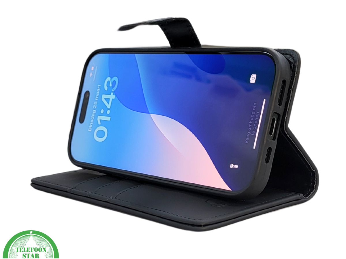iPhone 16 Pro Bookcase Hoesje Zwart &ndash; Leren Look met Magnetische Sluiting