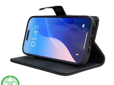iPhone 16 Pro Bookcase Hoesje Zwart &ndash; Leren Look met Magnetische Sluiting