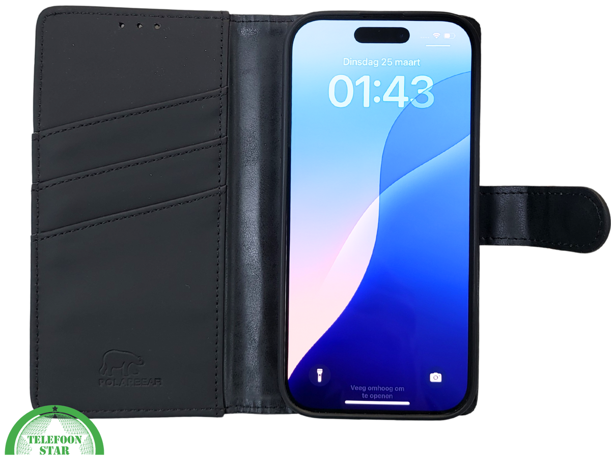iPhone 16 Pro Bookcase Hoesje Zwart &ndash; Leren Look met Magnetische Sluiting