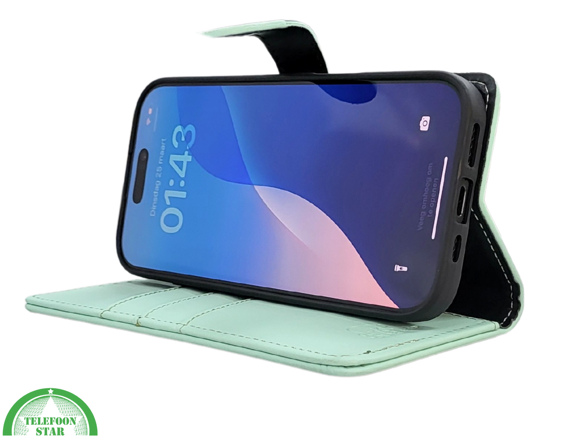 iPhone 16 Pro Bookcase Hoesje Mintgroen &ndash; Fris, Stijlvol &amp; Praktisch