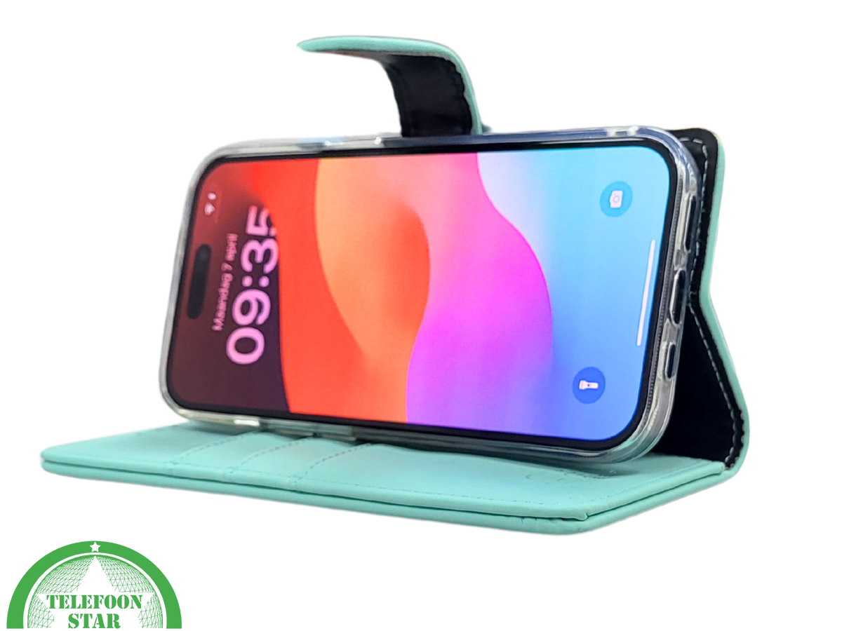 iPhone 15 Plus 2-in-1 Hoesje Mintgroen &ndash; Bookcase met Pasjeshouder