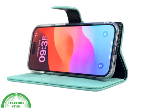 iPhone 15 Plus 2-in-1 Hoesje Mintgroen &ndash; Bookcase met Pasjeshouder