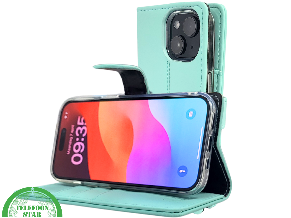 iPhone 15 Plus 2-in-1 Hoesje Mintgroen &ndash; Bookcase met Pasjeshouder
