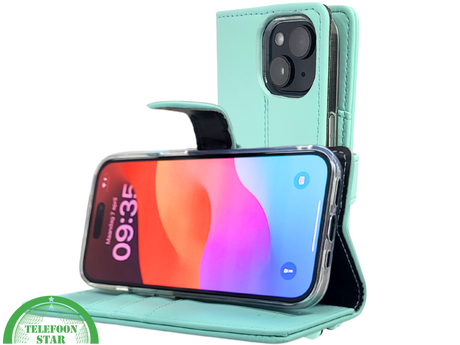 iPhone 15 Plus 2-in-1 Hoesje Mintgroen &ndash; Bookcase met Pasjeshouder