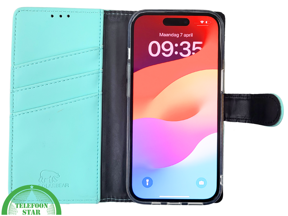 iPhone 15 2-in-1 Hoesje Mintgroen &ndash; Bookcase met Pasjeshouder