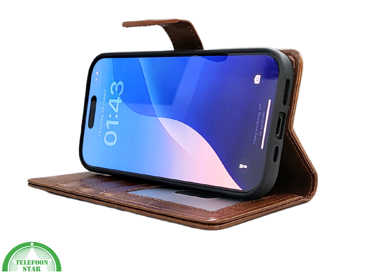 iPhone 16 Pro Bookcase Hoesje Bruin &ndash; Vintage Look met Luxe Bescherming