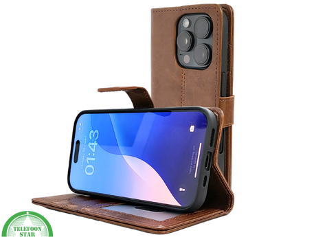 iPhone 16 Pro Bookcase Hoesje Bruin &ndash; Vintage Look met Luxe Bescherming