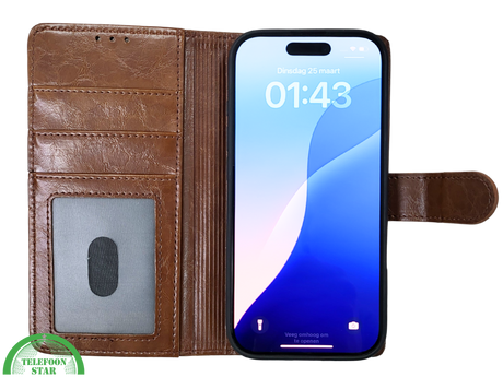 iPhone 16 Pro Bookcase Hoesje Bruin &ndash; Vintage Look met Luxe Bescherming