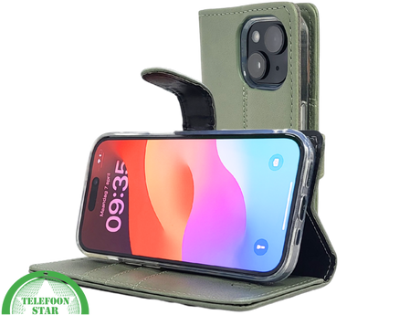 iPhone 15 Plus 2-in-1 Hoesje Groen Leer &ndash; Bookcase met Pasjeshouder