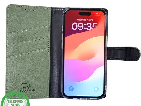 iPhone 15 Plus 2-in-1 Hoesje Groen Leer &ndash; Bookcase met Pasjeshouder