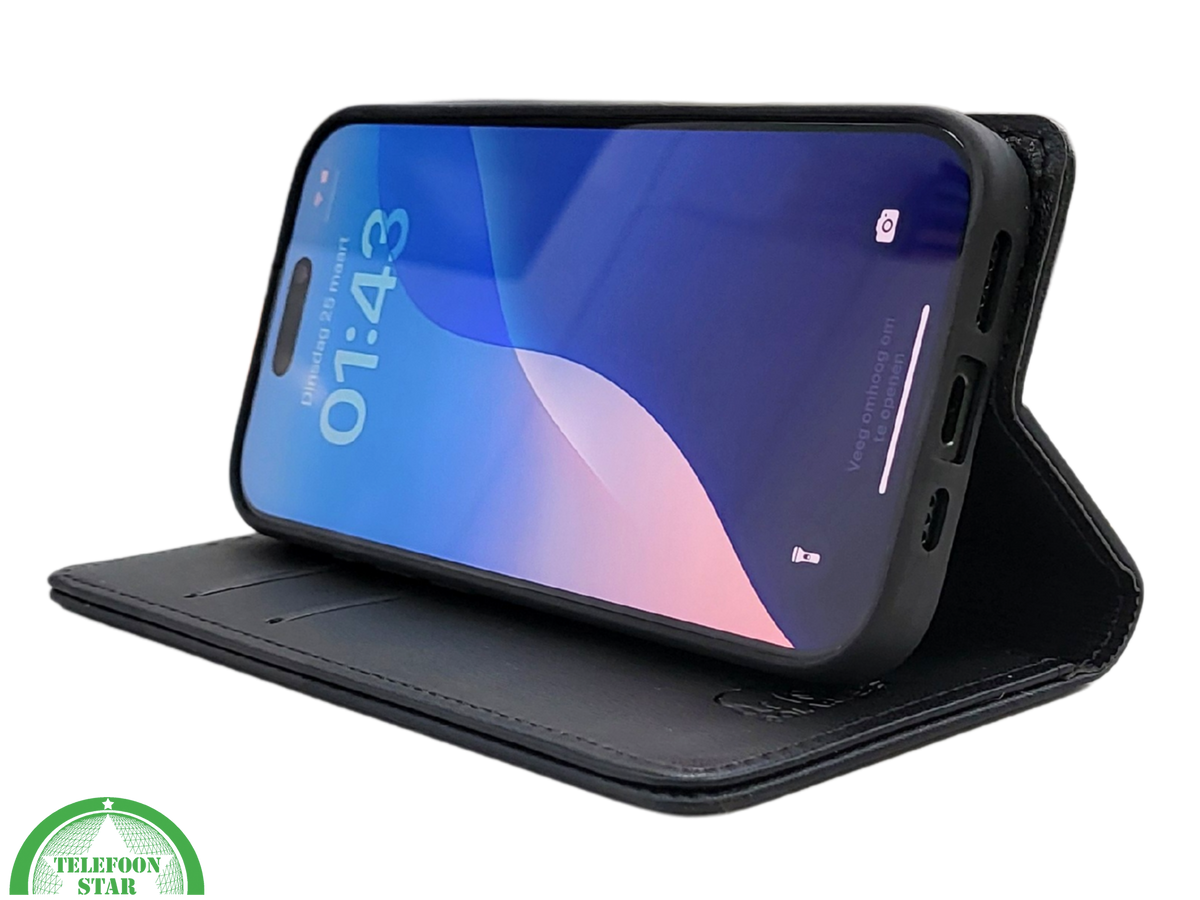 iPhone 16 Pro Bookcase Hoesje Zwart &ndash; Dubbele Naad, Luxe Look &amp; Volledige Bescherming