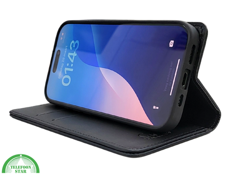 iPhone 16 Pro Max Bookcase Hoesje Zwart &ndash; Dubbele Naad, Luxe Look &amp; Volledige Bescherming