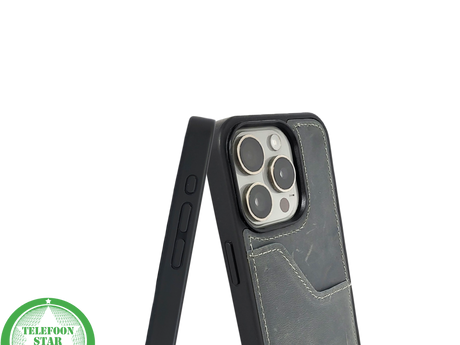 iPhone 15 Pro Hoesje met Kaarthouder &ndash; Vintage Lederlook Grijs | Telefoonstar.nl
