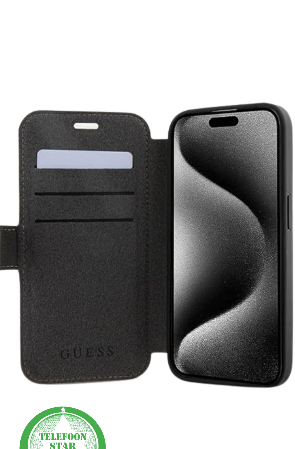 Hoesje voor iPhone 15 Bookcase &ndash; LuxeBruin Lederen Look met Goudkleurig Logo Geef je iPhone 15 een stijlvolle en elegante uitstraling met ditBruin bookcase hoesje.