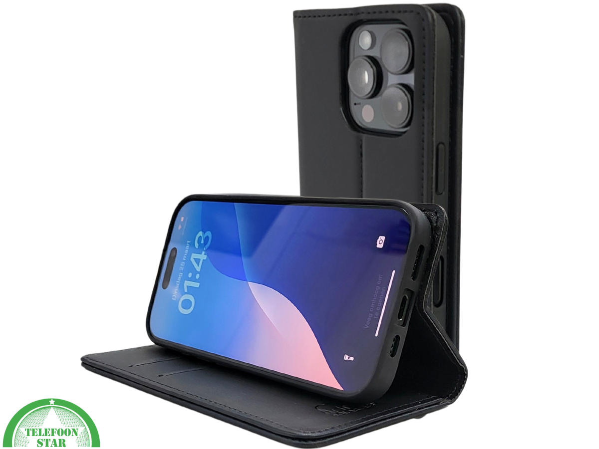 iPhone 16 Pro Max Bookcase Hoesje Zwart &ndash; Dubbele Naad, Luxe Look &amp; Volledige Bescherming