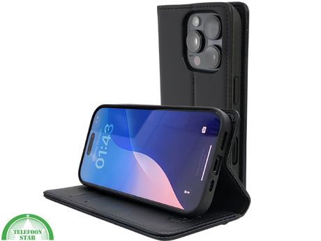 iPhone 16 Pro Max Bookcase Hoesje Zwart &ndash; Dubbele Naad, Luxe Look &amp; Volledige Bescherming