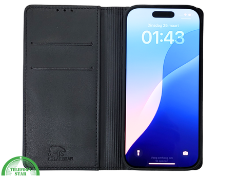 iPhone 16 Pro Bookcase Hoesje Zwart &ndash; Dubbele Naad, Luxe Look &amp; Volledige Bescherming