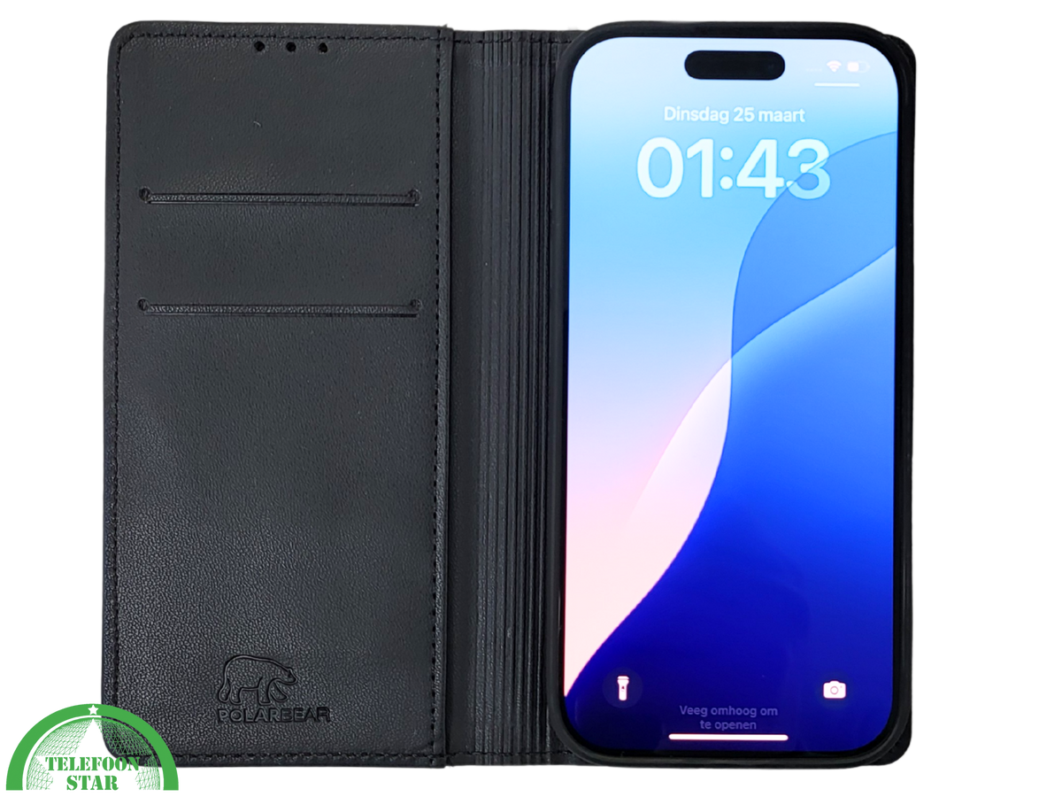 iPhone 16 Pro Max Bookcase Hoesje Zwart &ndash; Dubbele Naad, Luxe Look &amp; Volledige Bescherming