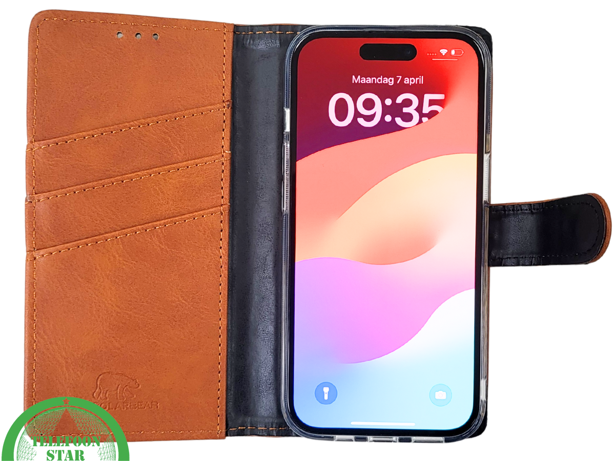 iPhone 15 Leren Hoesje Cognac &ndash; Bookcase met Pasjeshouder