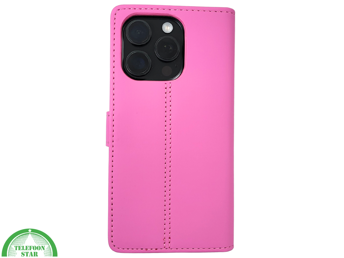 iPhone 16 Pro Bookcase Hoesje Roze &ndash; Stijlvolle Leren Look met Volledige Bescherming