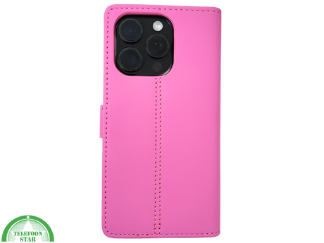 iPhone 16 Pro Bookcase Hoesje Roze &ndash; Stijlvolle Leren Look met Volledige Bescherming