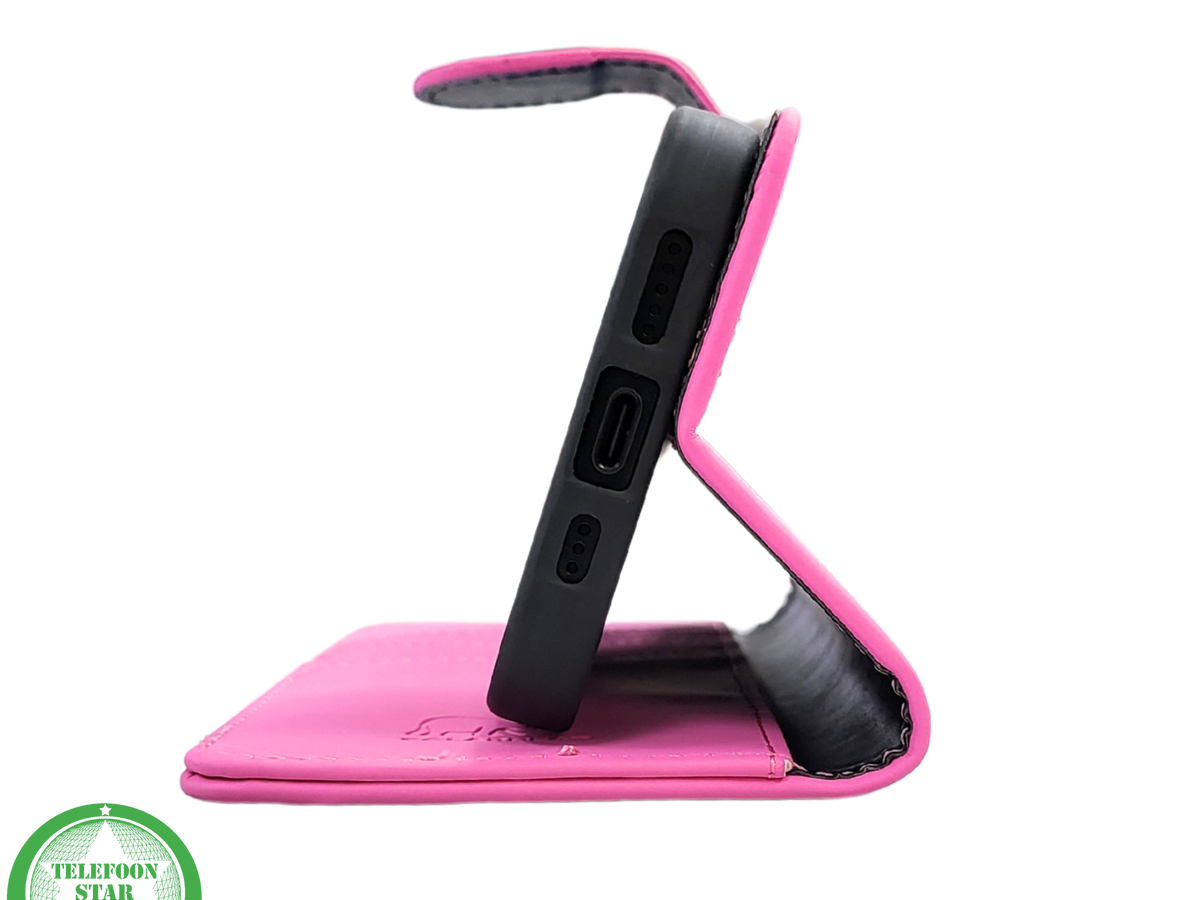 iPhone 16 Pro Bookcase Hoesje Roze &ndash; Stijlvolle Leren Look met Volledige Bescherming