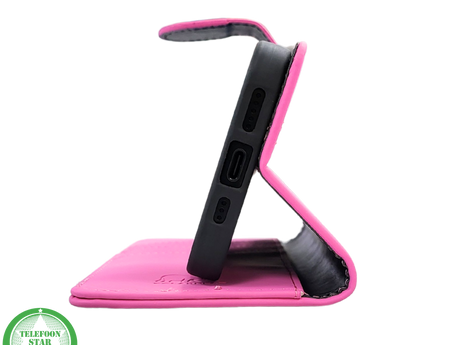 iPhone 16 Pro Bookcase Hoesje Roze &ndash; Stijlvolle Leren Look met Volledige Bescherming