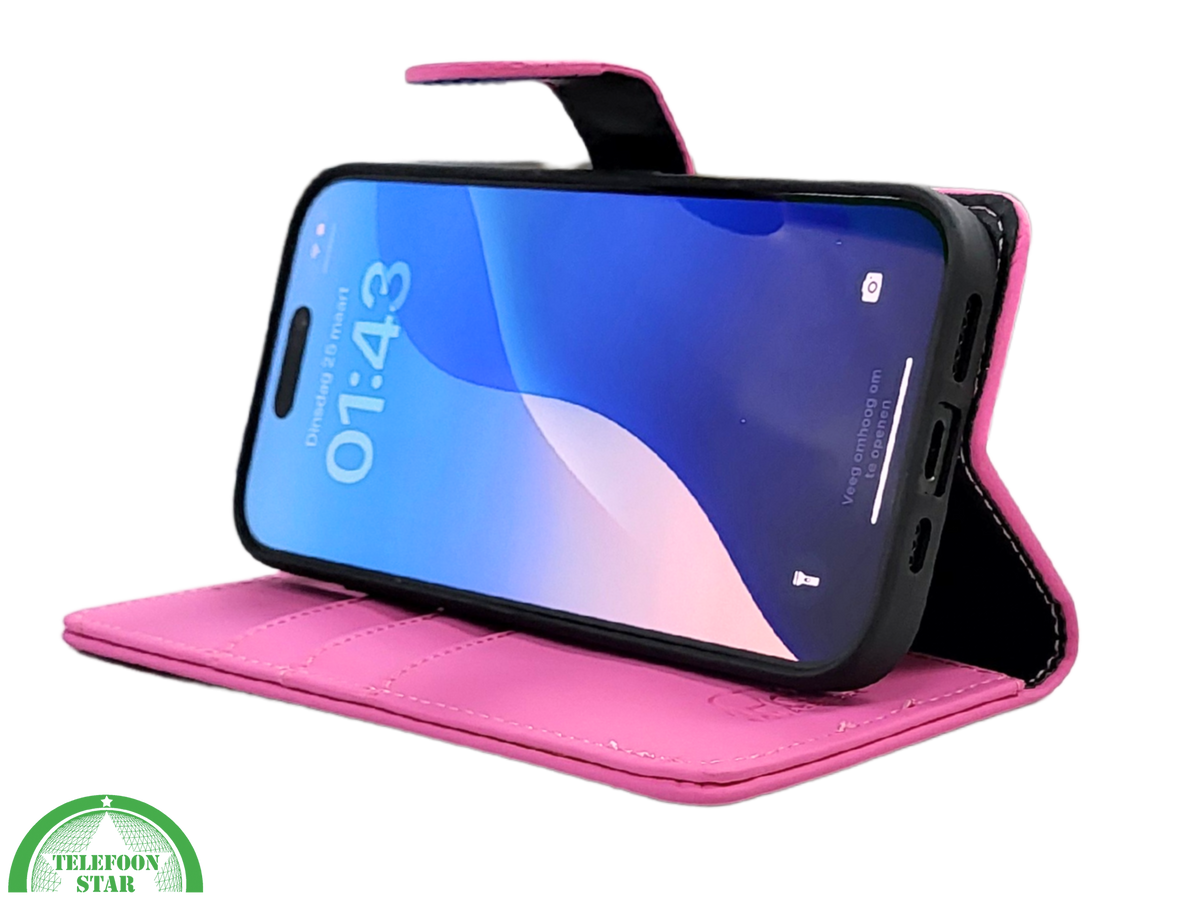 iPhone 16 Pro Bookcase Hoesje Roze &ndash; Stijlvolle Leren Look met Volledige Bescherming