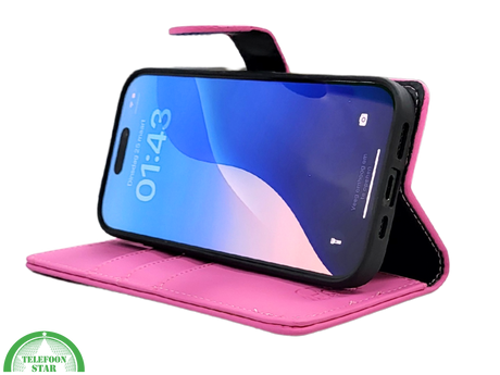 iPhone 16 Pro Bookcase Hoesje Roze &ndash; Stijlvolle Leren Look met Volledige Bescherming