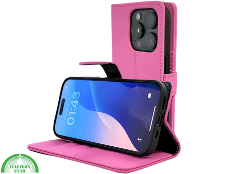 iPhone 16 Pro Bookcase Hoesje Roze &ndash; Stijlvolle Leren Look met Volledige Bescherming