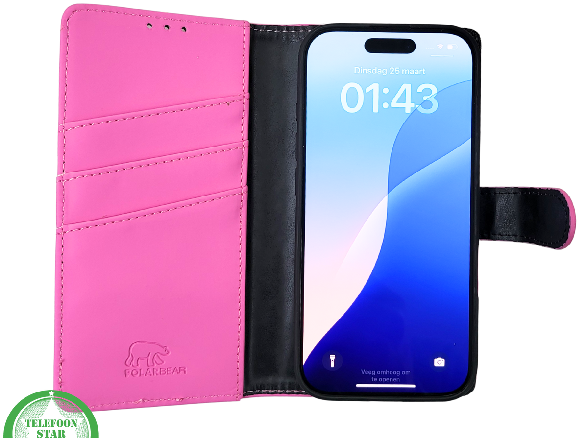 iPhone 16 Pro Bookcase Hoesje Roze &ndash; Stijlvolle Leren Look met Volledige Bescherming