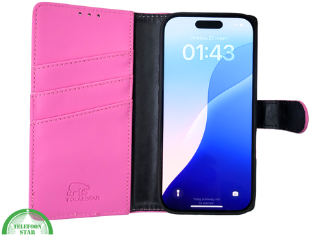 iPhone 16 Pro Bookcase Hoesje Roze &ndash; Stijlvolle Leren Look met Volledige Bescherming