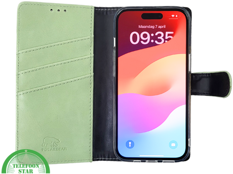 iPhone 15 Plus Hoesje Lichtgroen &ndash; Bookcase met Pasjeshouder