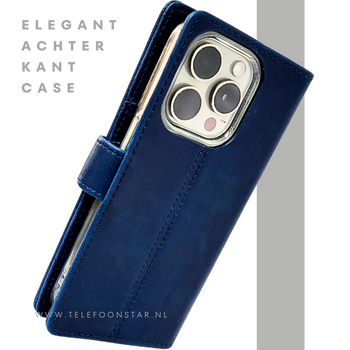 iPhone 15 Pro Bookcase Hoesje Blauw &ndash; Elegant Leren Look met Magnetische Sluiting