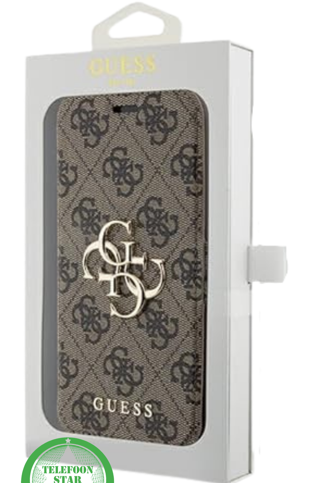 Hoesje voor iPhone 15 Bookcase &ndash; LuxeBruin Lederen Look met Goudkleurig Logo Geef je iPhone 15 een stijlvolle en elegante uitstraling met ditBruin bookcase hoesje.