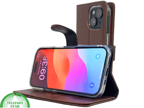 iPhone 15 Plus Hoesje Donkerbruin &ndash; Bookcase met Pasjeshouder
