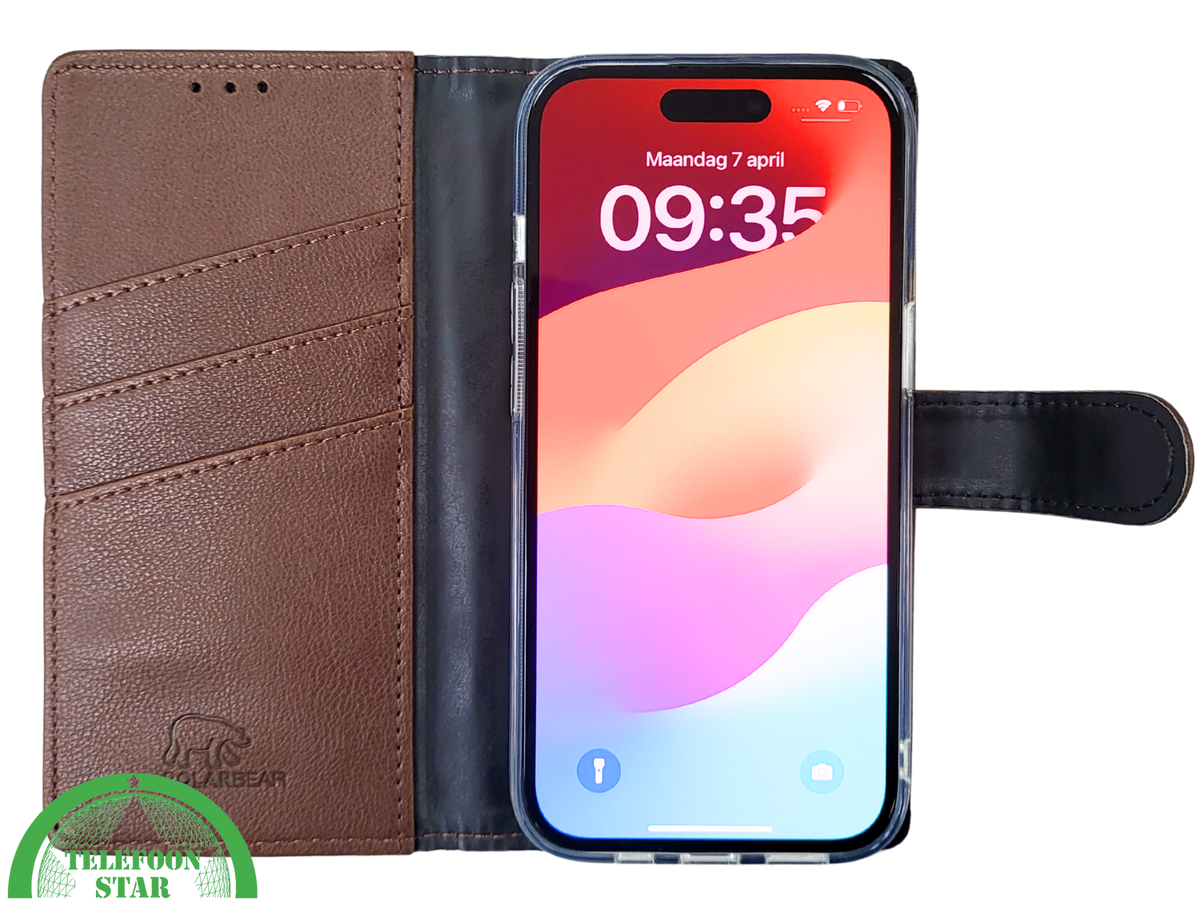 iPhone 15 Hoesje Donkerbruin &ndash; Bookcase met Pasjeshouder
