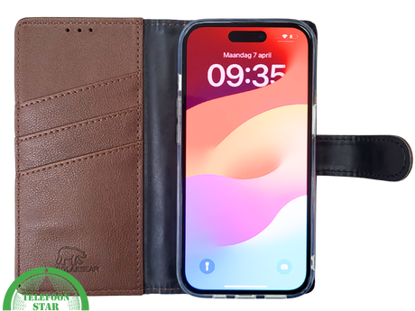 iPhone 15 Plus Hoesje Donkerbruin &ndash; Bookcase met Pasjeshouder
