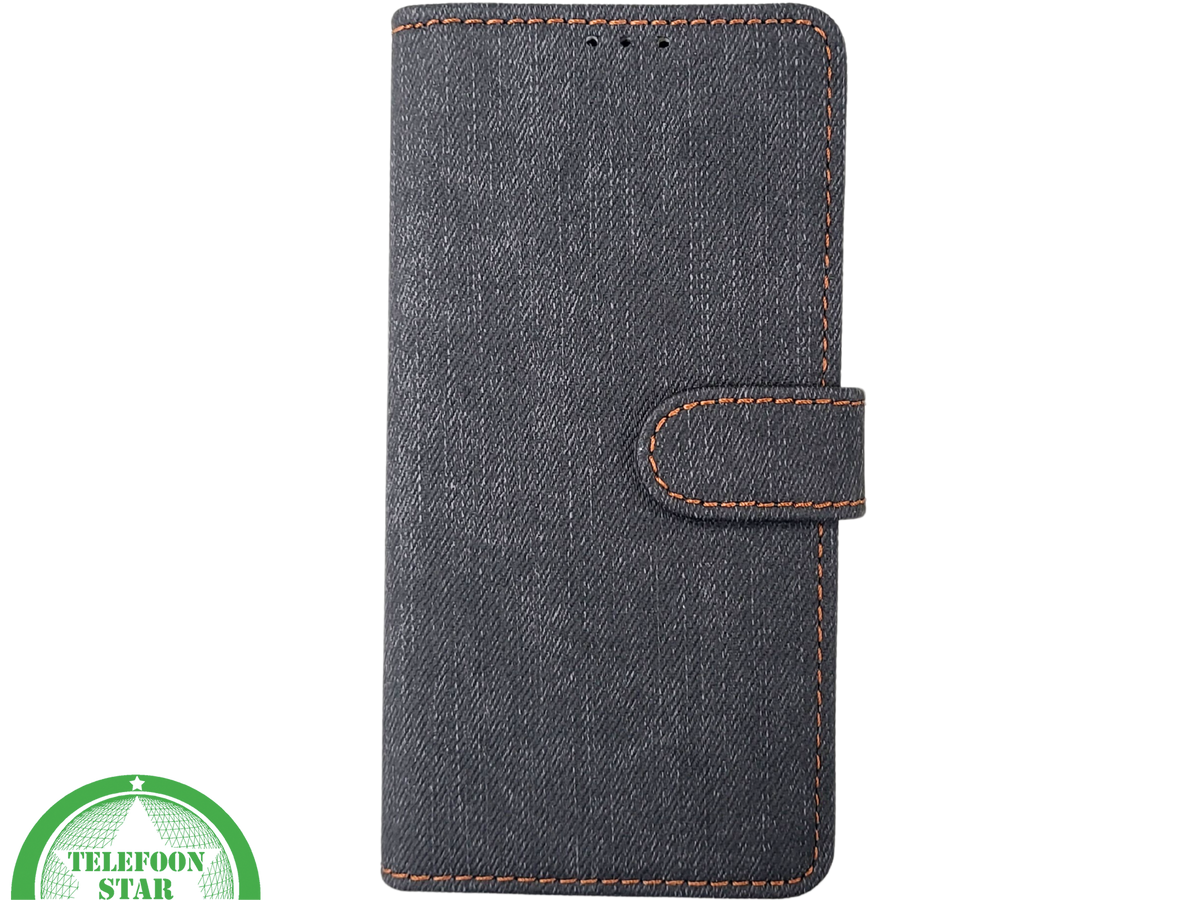 Bookcase Hoesje iPhone 15 Grijs &ndash; Met Pasjeshouder en Oranje Stiksel