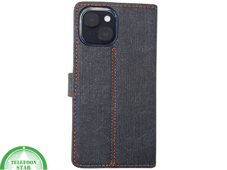 Bookcase Hoesje iPhone 15 Plus Grijs &ndash; Met Pasjeshouder en Oranje Stiksel