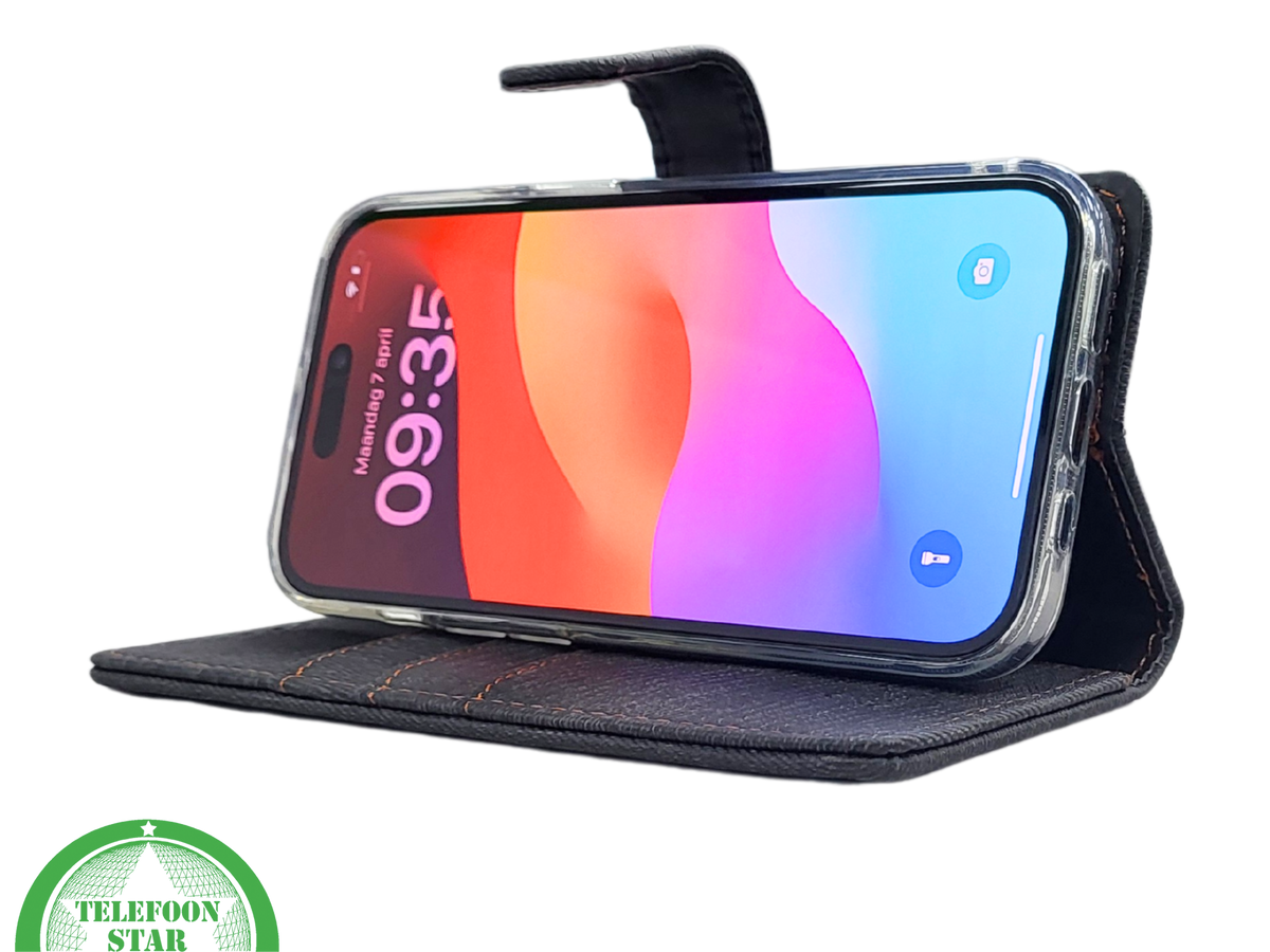 Bookcase Hoesje iPhone 15 Grijs &ndash; Met Pasjeshouder en Oranje Stiksel