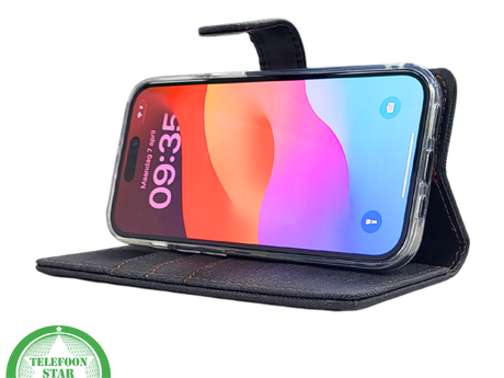Bookcase Hoesje iPhone 15 Plus Grijs &ndash; Met Pasjeshouder en Oranje Stiksel