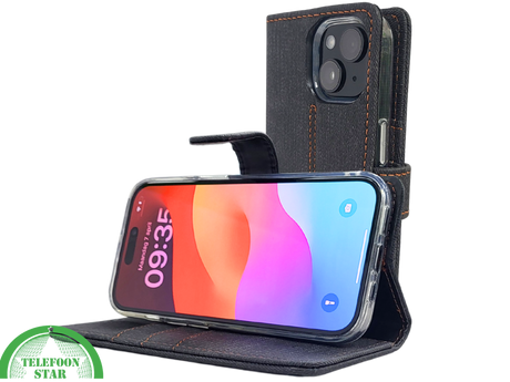 Bookcase Hoesje iPhone 15 Plus Grijs &ndash; Met Pasjeshouder en Oranje Stiksel