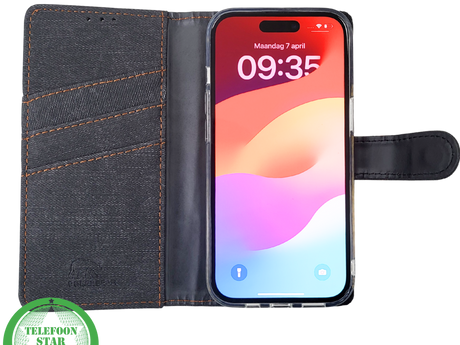 Bookcase Hoesje iPhone 15 Plus Grijs &ndash; Met Pasjeshouder en Oranje Stiksel