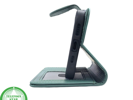 iPhone 15 Plus Bookcase Hoesje Groen &ndash; Leren Case met Pasjeshouder