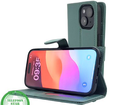 iPhone 15 Plus Bookcase Hoesje Groen &ndash; Leren Case met Pasjeshouder