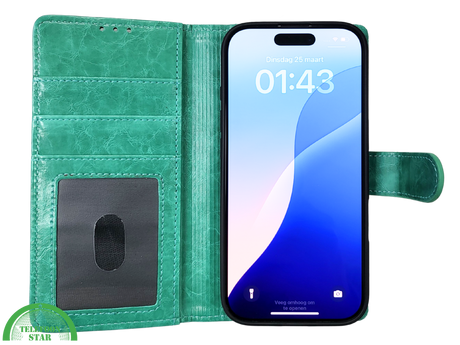 iPhone 16 Pro Bookcase Hoesje &ndash; Turquoise Vintage Look