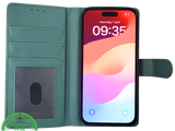 iPhone 15 Bookcase Hoesje Groen &ndash; Leren Case met Pasjeshouder
