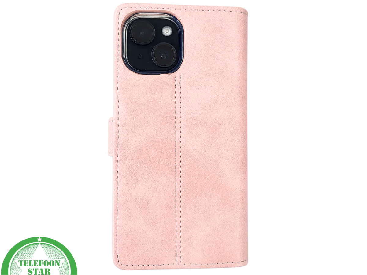 iPhone 15 Hoesje Roze &ndash; Bookcase met Pasjeshouder en Leren Look